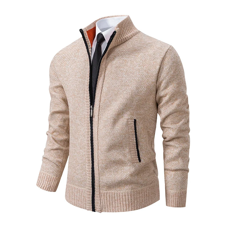 Autumn And Winter New Jersey Men's Casual Sports Coat Solid Color Stand Collar Wweater Grab Fleece Warm Zipper Cardigan Pi-Mart