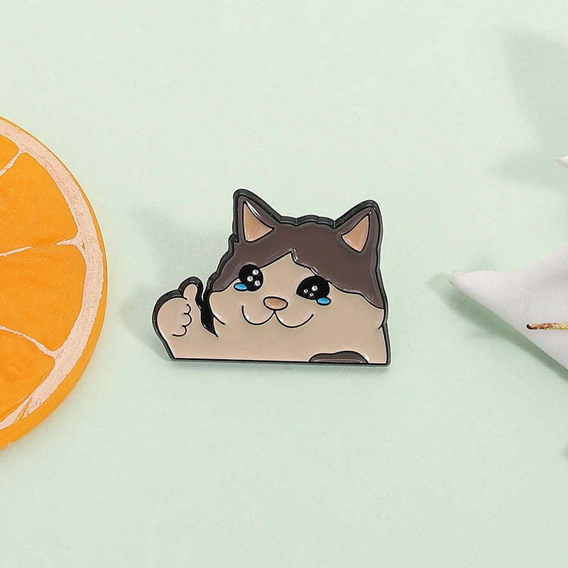 Thumb Up Crying Cat Enamel Pin Kawaii Humorous Animal Brooch Lapel Backpack Badge Funny Jewelry Gifts For Cat Lovers Friends Pi-Mart