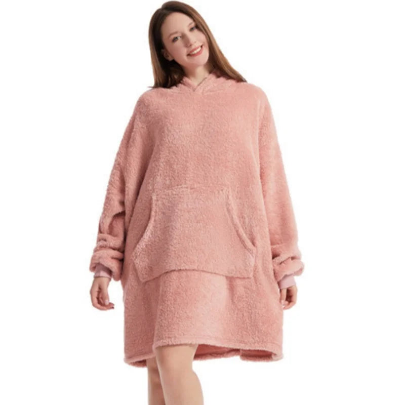 Winter Warm Unisex Double-faced Fleece Hooded Sweatshirts Casual Loose Long Thicken Pocket Pullover Batwing-sleeved Home Clothes LadyShow.Store