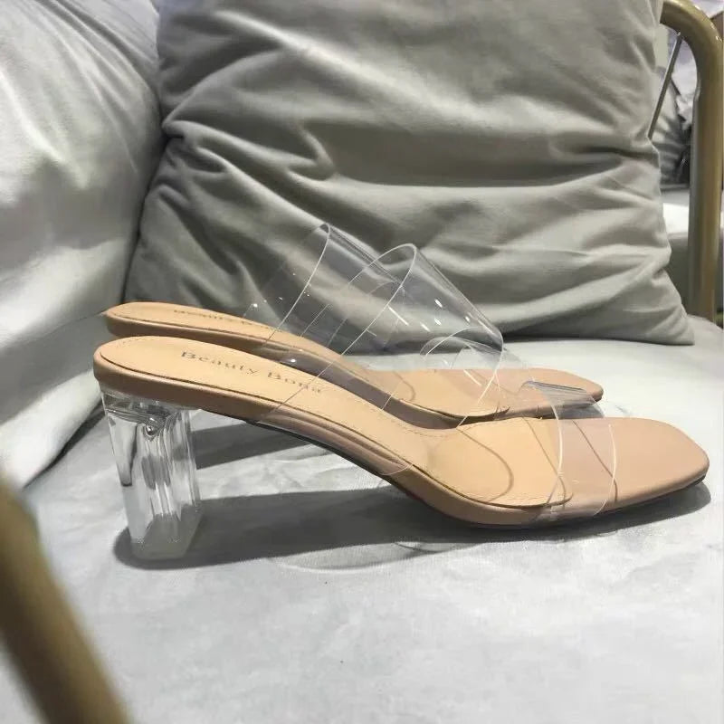 Summer Women Pumps Sandals 9cm Jelly Slippers Sexy Open Square Toe High Heels Women Transparent Slippers Shoe Heel Clear Sandals LadyShow.Store