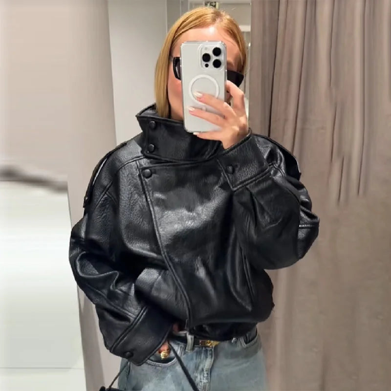 Stylish Pu Leather Jacket Stand-collar Loose Long Sleeved Coat Cool Casual Chic Versatile Outerwear New Autumn Women Streetwear LadyShow.Store