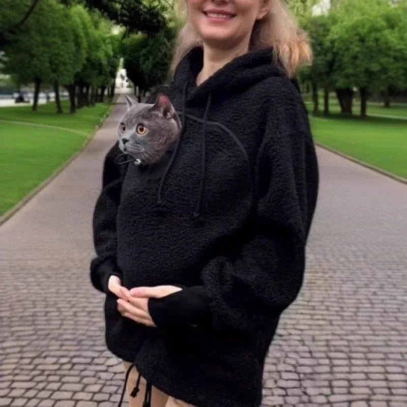 Ladies Winter Hooded Lamb Velvet Zipper Kangaroo Pocket Cat Dog Mommy Outwear Sweatshirt Comfortable Street Style Trendy Fashion LadyShow.Store