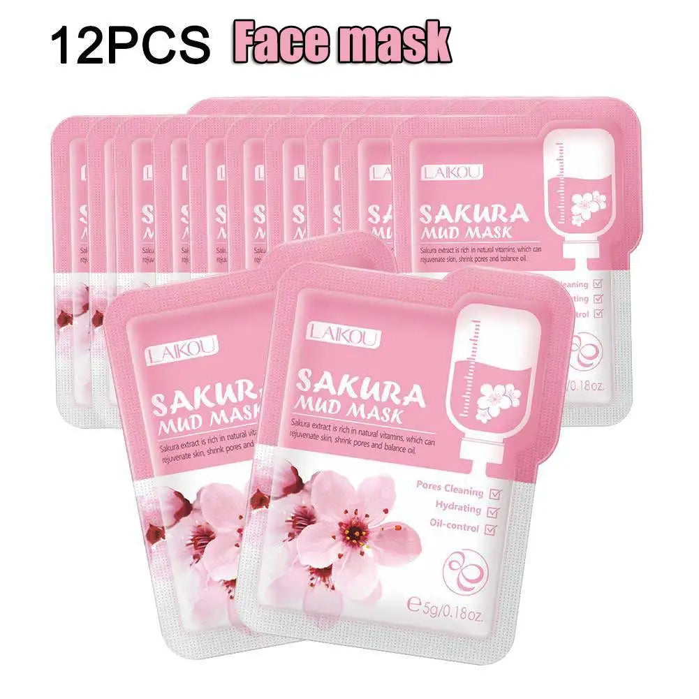 12pcs Sakura Mud Mask Brightening Hydrating Face Mask Luminous Skin Clean Facial Cleansing Clay Hydrating Anti Wrinkle Skincare Pi-Mart