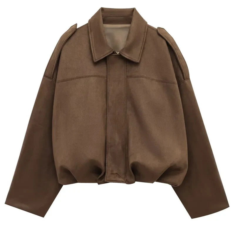 HXAO Women's Bomber Jacket Lapel Long Sleeve Zipper Suede Jacket Women 2025 High Street Cropped Racing Jackets Coats Outerwears LadyShow.Store