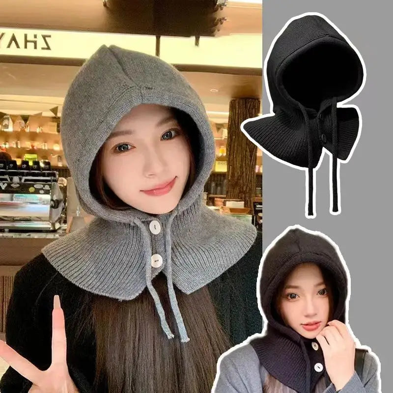 Winter Balaclava Hat Warm Knitted Women's Hood Hat Solid Color One-piece Neck Pullover Cap Outdoor Cashmere Caps Pi-Mart