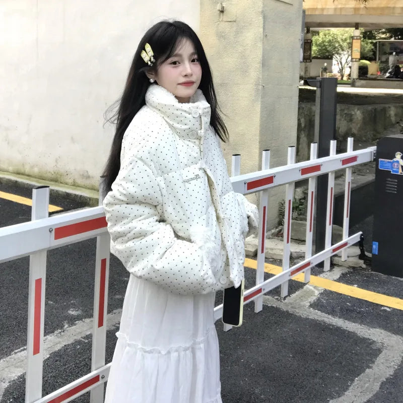 Women's Kawaii Polka Dot Down Cotton Jacket Korean Button Patchwork Corduroy Short Parkas Y2K Stand Collar Puffer Warm Jacket LadyShow.Store