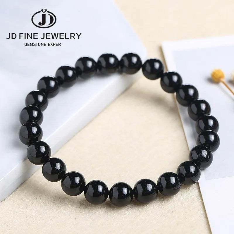 JD Natural Stone 7A Black Tourmaline Bead Bracelets Women Healing Crystals Chakra Yoga Meditation Jewelry Schorl Strand Bangles Pi-Mart