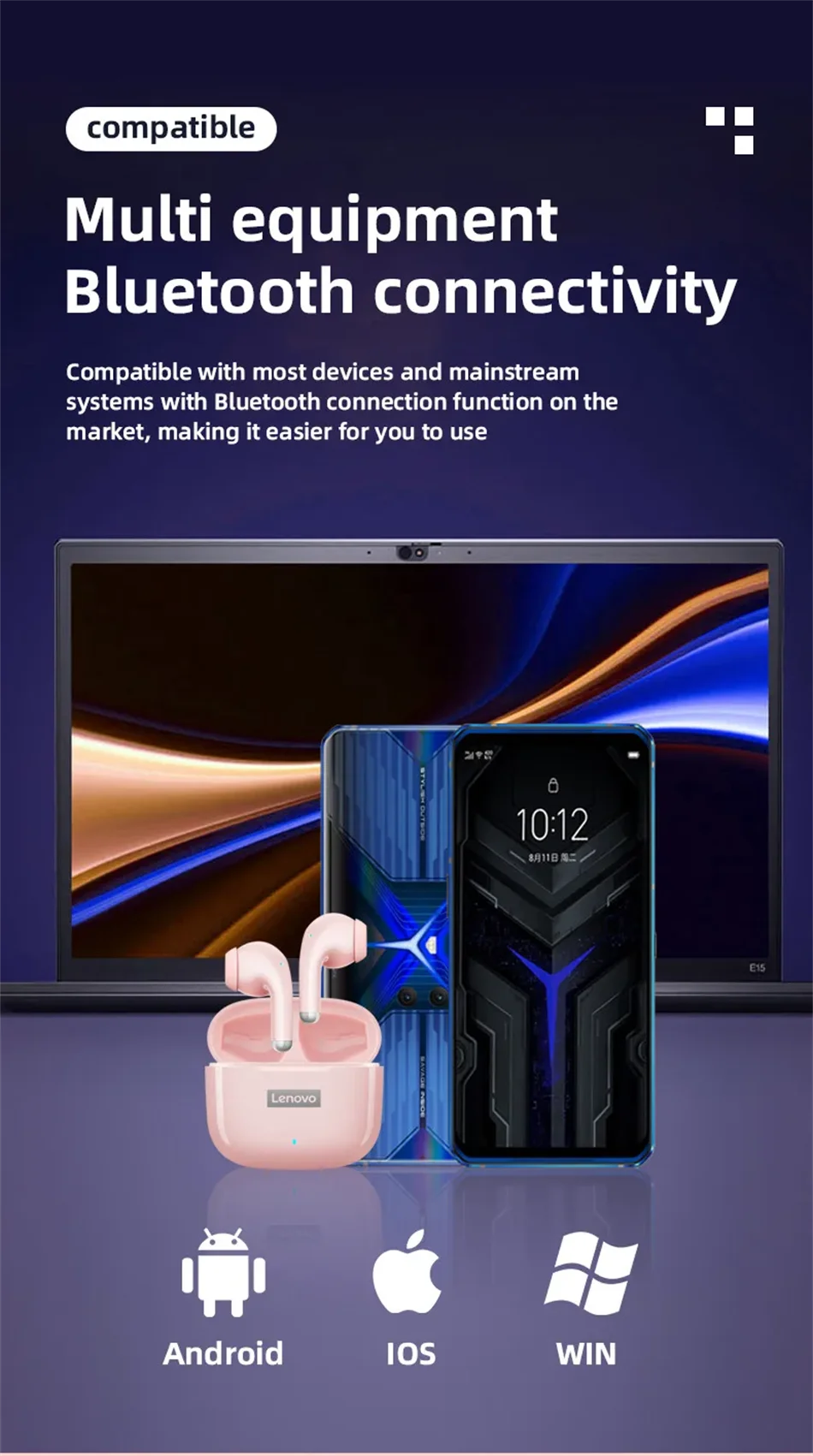 Lenovo LP40 Pro TWS Bluetooth 5.4 Wireless Headphones HiFi Stereo Earphones Gaming Sports Touch Control HD Call With Mic Earbuds Pi-Mart