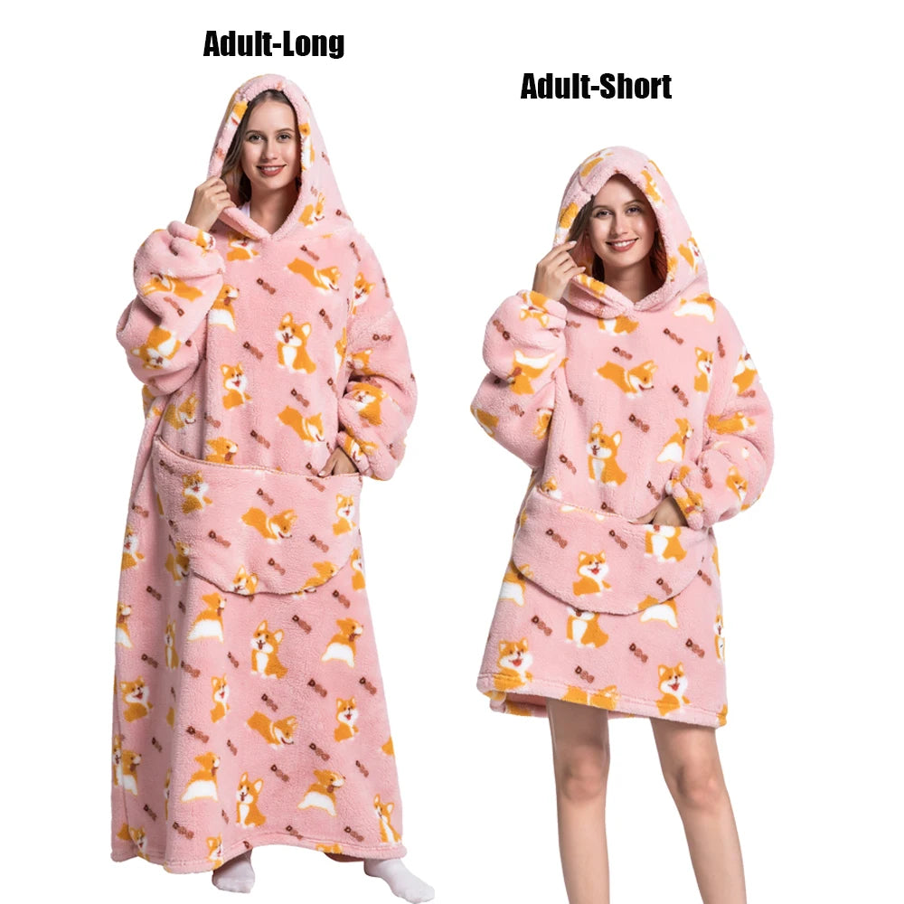 Women Plush Fleece Blanket Men Warm Thick Hoodies Adult Giant TV Blanlets with Sleeves Super Long Cold-proof Homewear Pajamas Pi-Mart