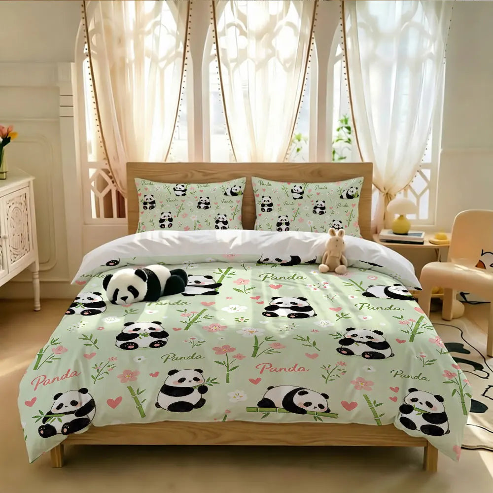 3pcs Cartoon Panda Print Coreless Duvet Cover Cool Summer Lightweight Bedding Set Multi Size Bedroom Bedding Decoration Pi-Mart