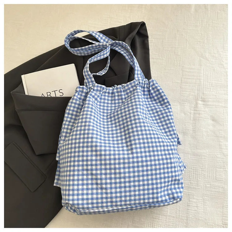 Large Capaci Cute Plaid Cotton Tote Bag  Lace Trim Women's Summer 2025 Simple Lady Handbag Soft Shoulder Bags Bolsa Feminina Pi-Mart