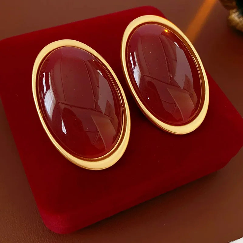 Anchor Red Geometric Oval Stud Earrings for Women Personality Versatile Resin Earrings Simple Fashion Jewelry Wholesale Gifts N1 Pi-Mart
