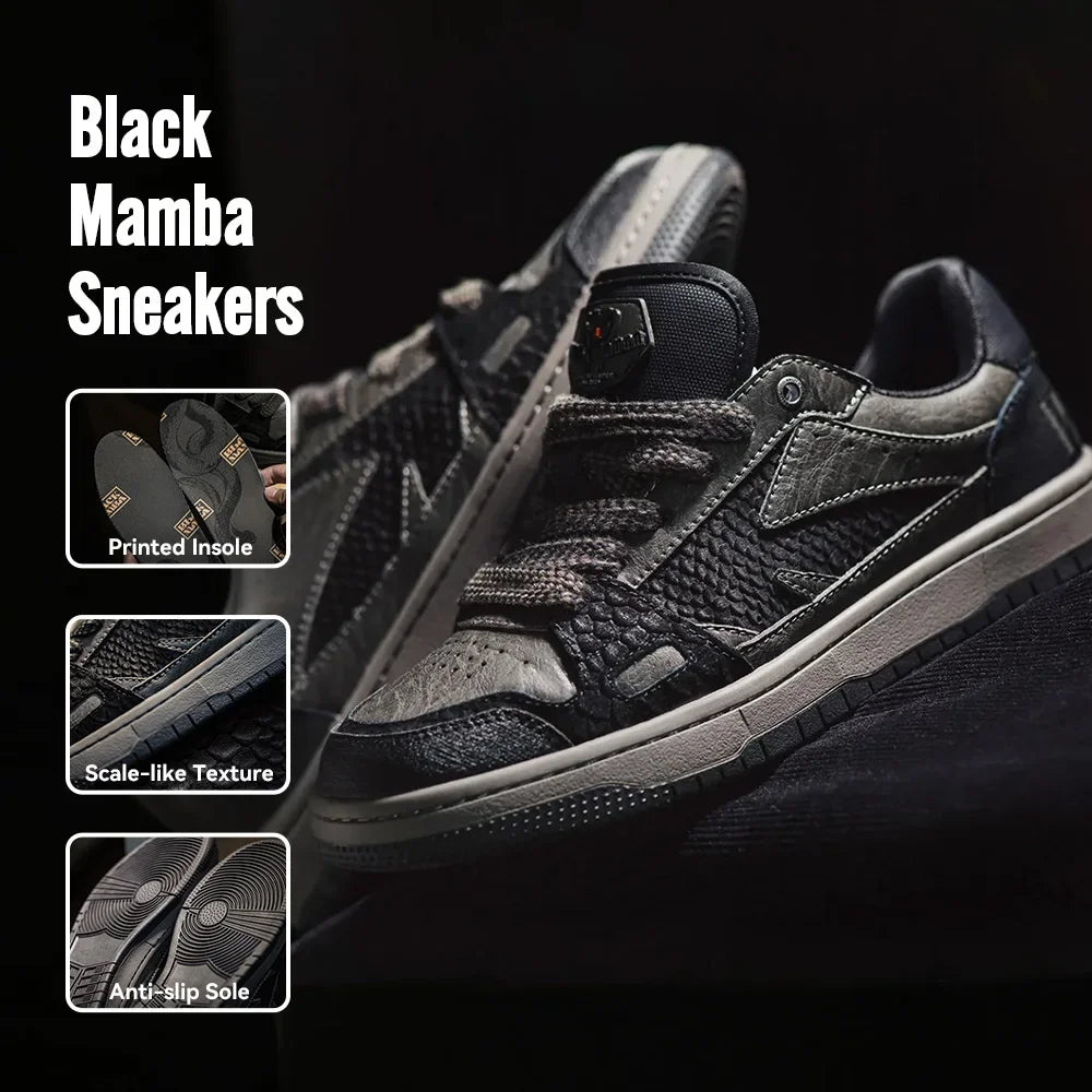 Maden Casual Snake Year Black Mamba Men's Sneakers Low-Top Flat Sole Versatile Black Shoes for Spring Autumn Skateboarding Shoes Pi-Mart