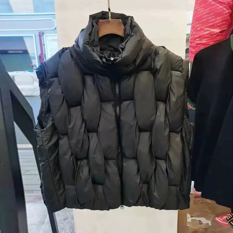Women Thick Cotton Vest Women Square Weave High Collar Warm Waistcoat Casual  Warm Puffer Bubble Sleeveless Jacket LadyShow.Store