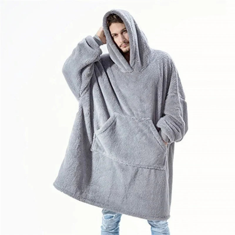 Winter Warm Unisex Double-faced Fleece Hooded Sweatshirts Casual Loose Long Thicken Pocket Pullover Batwing-sleeved Home Clothes LadyShow.Store
