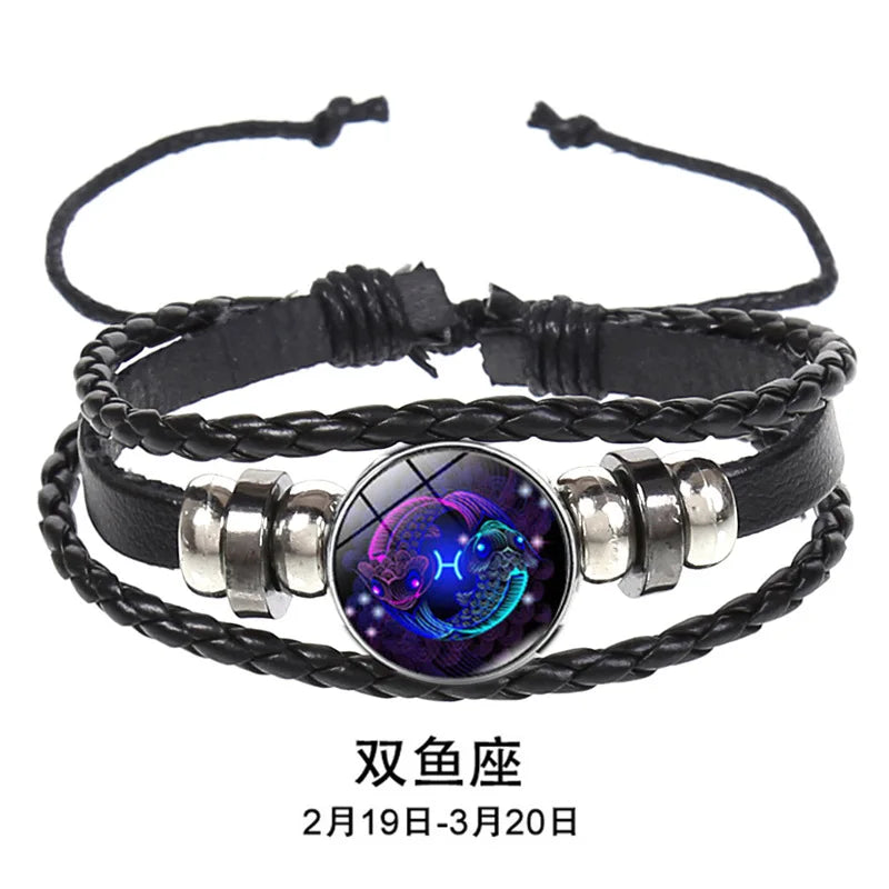 12 Constellation Zodiac Sign Charm Luminous Bracelets Men Women Vintage Multilayer Wrap Leather Chain Bangle Birthday Jewelry Pi-Mart