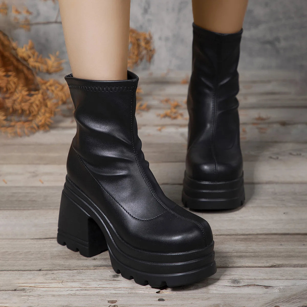 Women New Fashion Short Boots Women Sexy Leather Boot Square toe casual Zipper high heels Casual thick soled women shoes Zapatos Pi-Mart