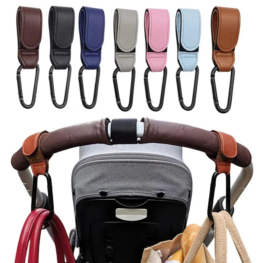 2Pcs Leather Cart Hooks Baby Stroller Hook PU Adjustable Pram Hook Organizer Diaper Bag Hanger Children Travel Accessories Pi-Mart