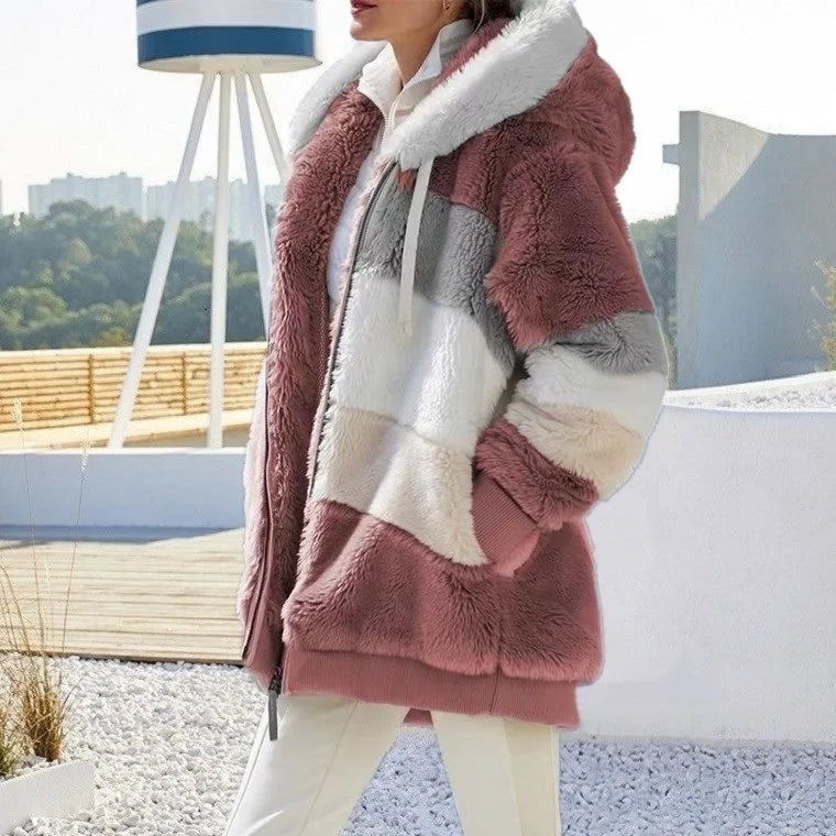 Oversized Jacket for Women 2023 New Autumn Winter Warm Plush Pocket Hooded Streetwear Loose Lady Outerwear Coat Roupas Feminina LadyShow.Store
