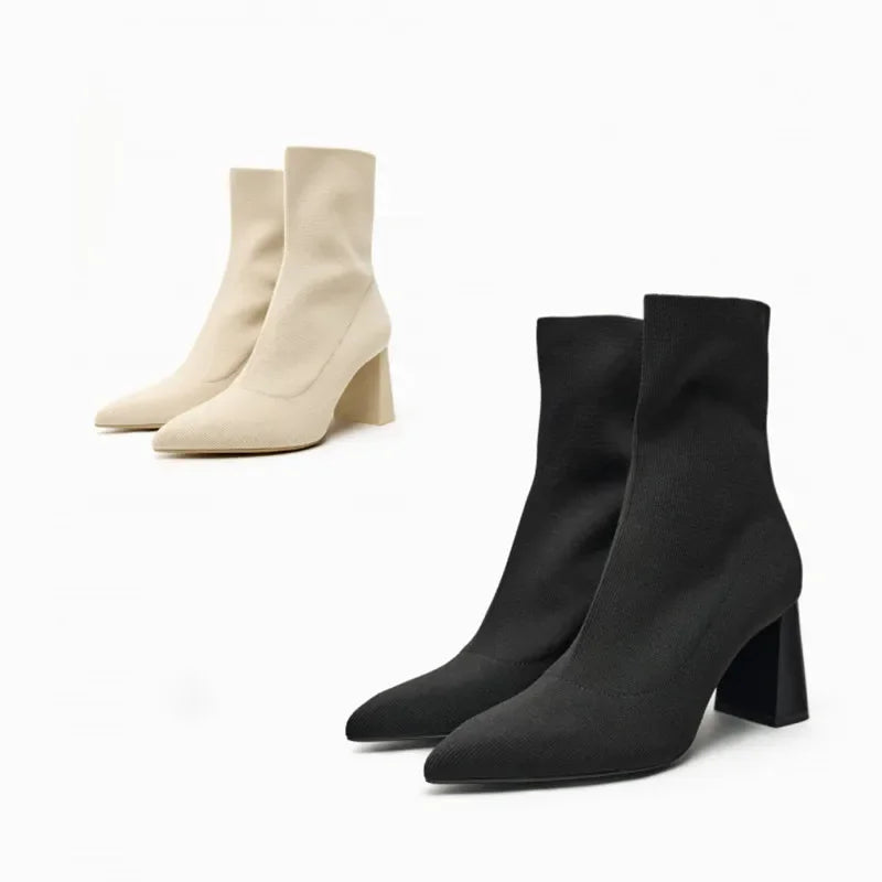 Autumn Winter Knitted Stretch Fabric Socks Boots Women Low Heel Short Boots Pointed Toe Female Ankle Booties Size 42 Pi-Mart