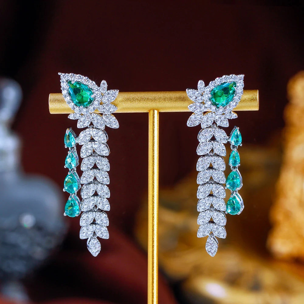 CWWZircons Dangling Leaf Drop Green Cubic Zirconia Luxury Long Earrings  for Women Beautiful Wedding Banquet Party Jewelry CZ959 Pi-Mart
