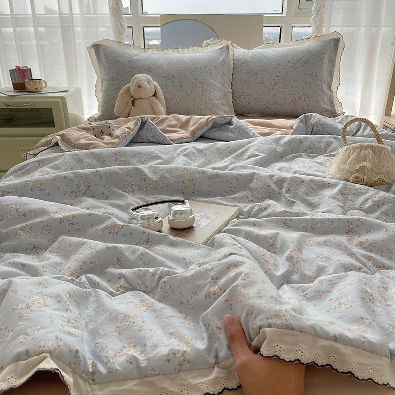 Summer Quilt Korean Style Duvet with Lace Single/Queen Size Comforter Flower Printed Quilted Blanket 여름이불 (No Pillowcase) Pi-Mart