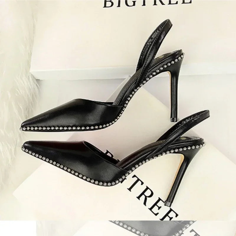 Branded Rivet Studded Beaded Design Sandals Women Summer Sexy Pointed Toe Thin High Heels Elegant Wedding Slide Pumps for Ladies LadyShow.Store