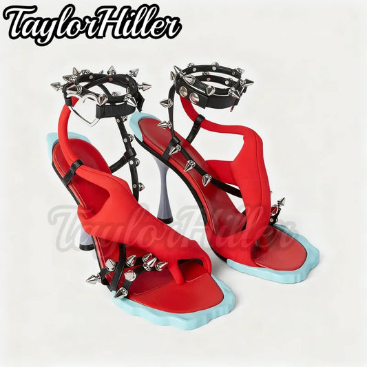 Punk Style Rivets Flower Heeled Sandals Open Toe Mixed Color High Heels Women Luxury Designer Summer Spike Heel Shoes Y2K Shoe LadyShow.Store