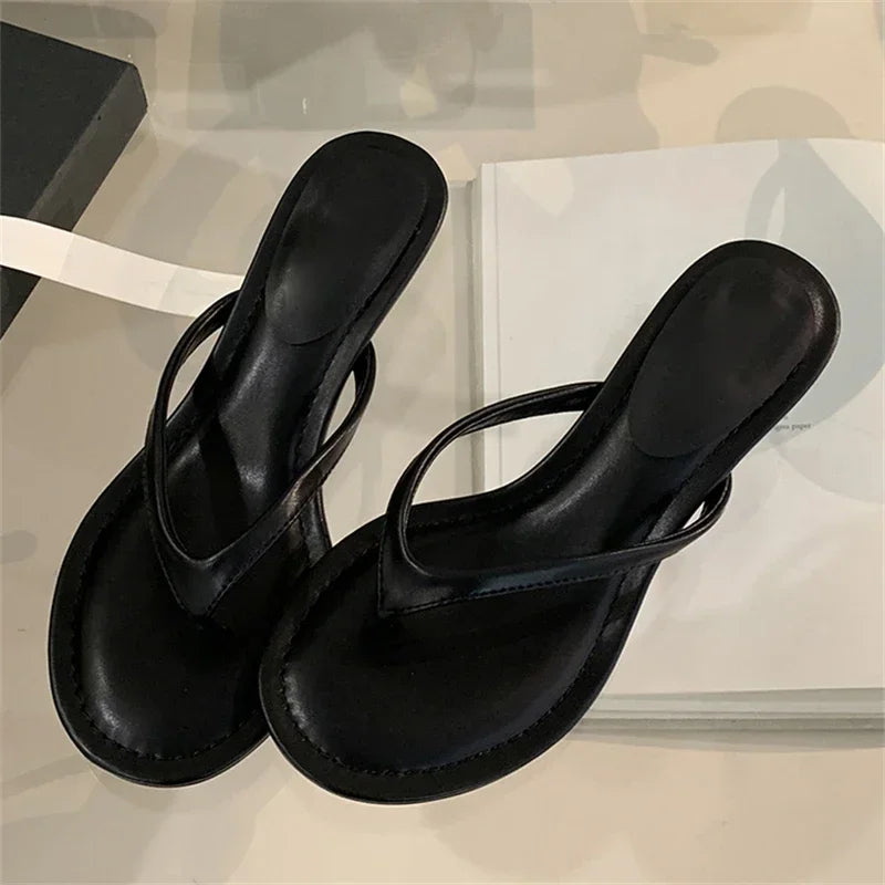 Aneikeh 2026 Fashion Thin Heels Slippers Women Round Clip Toe Slides Sandals Summer Flip Flops Female Shoes Mules Slides LadyShow.Store