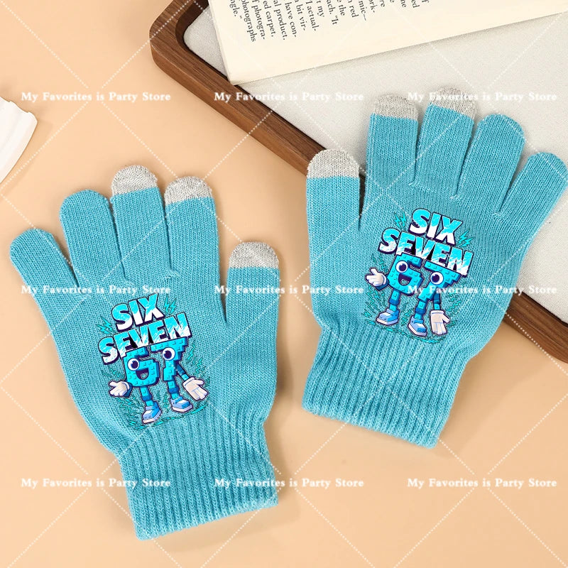 Funny 67 Six Seven Winter Gloves Touch Screen Gloves Fnafs Warm Stretch Knit Mittens Imitation Wool Full Finger Crochet Thicken Pi-Mart