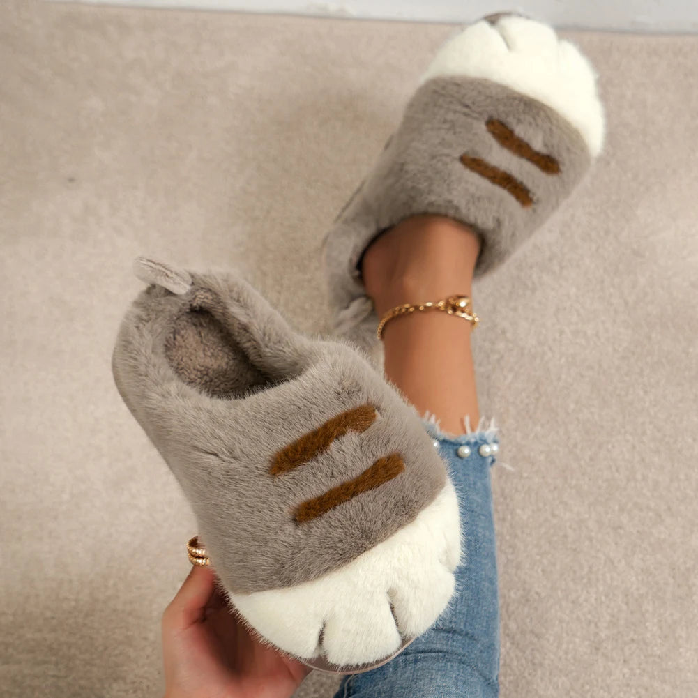 3D Cat Paw Plush Slippers Warm Slip-on House Shoes Anti Slip Flat Thermal Slippers Furry Paw Couple Slippers for Autumn Winter Pi-Mart