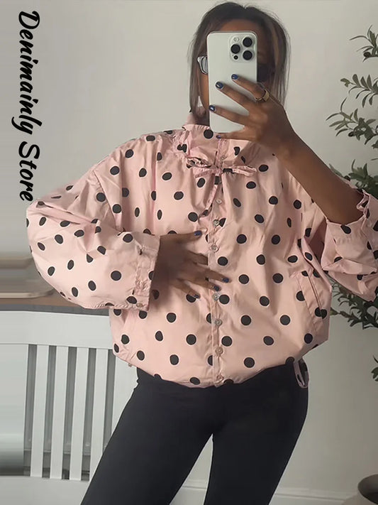 Casual Polka Dot Drawstring Jacket Women Lace Up Stand Collar Full Sleeve Single Breast Jacket 2026 Spring Lady Commute Coat New LadyShow.Store