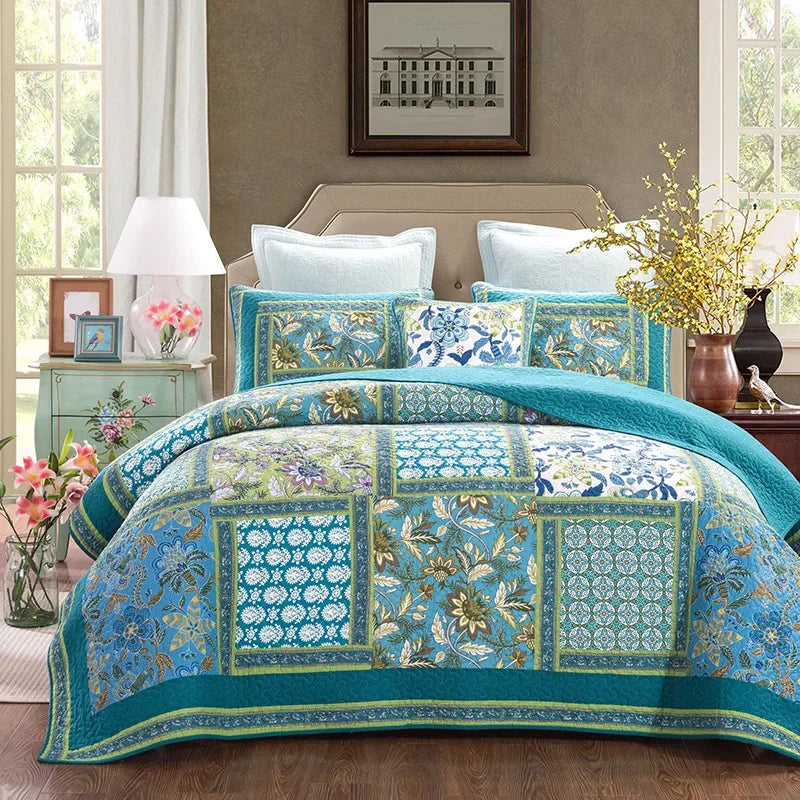 Vintage Patchwork Cotton Quilt Set 3PCS King/Queen - All-Season Thin Comforter Bedspread,Breathable Quilted Coverlet Bedding Pi-Mart
