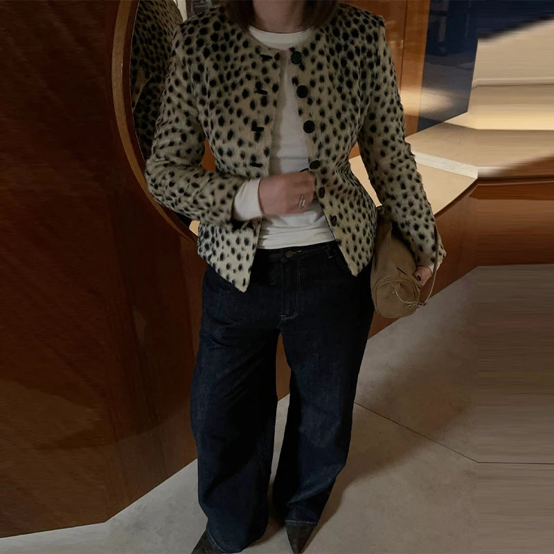 Retro Leopard Faux Fur Short Coat Lady Chic O-neck Single Button Placket Spotted Dot Cropped Long Sleeve Outerwear Street Jacket Pi-Mart