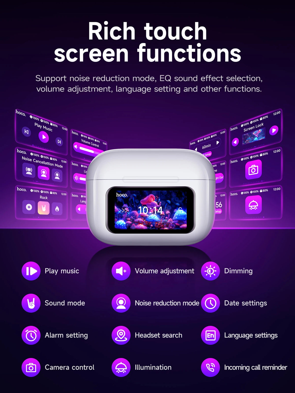 HOCO EW72 Wirelss Bluetooth 5.4 ANC Noise Reduction Earphone With LED Full Touch Smart Screen Charging Box Music Sports Earbuds Pi-Mart