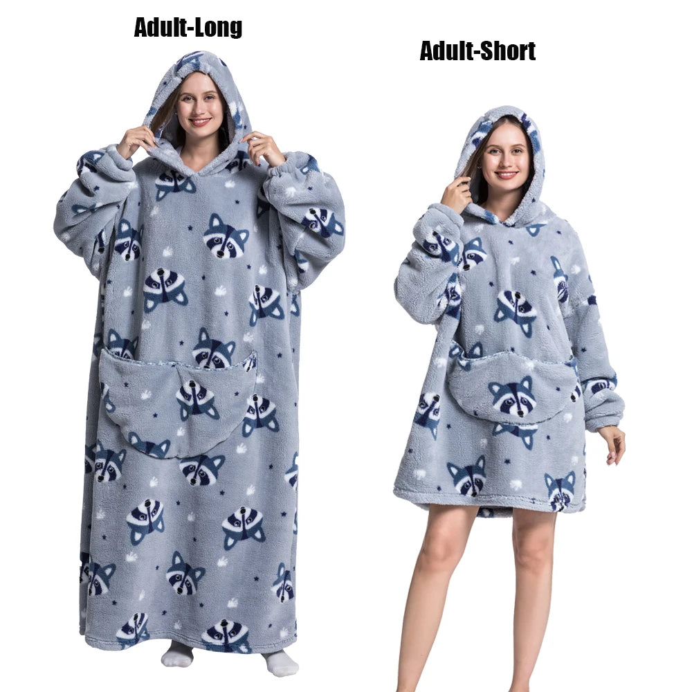 Women Plush Fleece Blanket Men Warm Thick Hoodies Adult Giant TV Blanlets with Sleeves Super Long Cold-proof Homewear Pajamas Pi-Mart