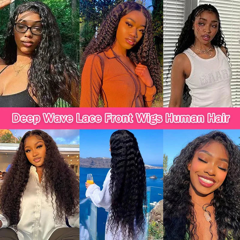 40 42 Inch Deep Wave Lace Front Wig Human Hair 100% Human Hair Deep Curly Frontal Wig Pre Plucked with Baby Hair for Women LadyShow.Store