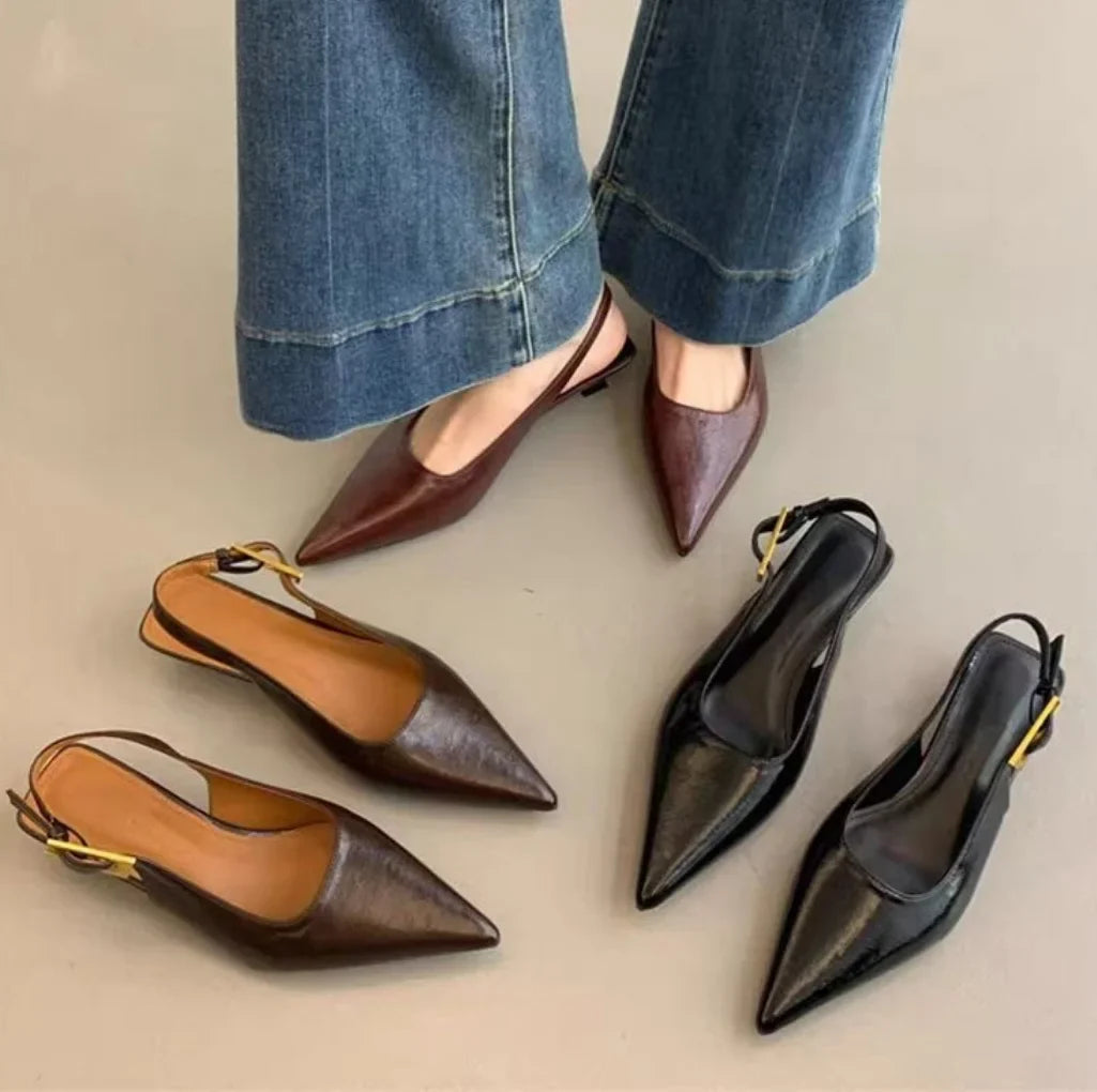 2025 Summer New Women Sandal Fashion Pointed Toe Shallow Slip on Ladies Elegant Slingback Shoes Thin Med Heel Dress Mules Pumps LadyShow.Store