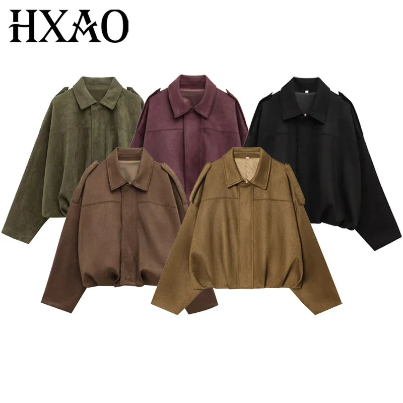 HXAO Suede Cropped Jacket Women's Bomber Jacket Oversized Batwing Sleeves Outerwears Lady Casual Loose Coat Street Style Jackets LadyShow.Store