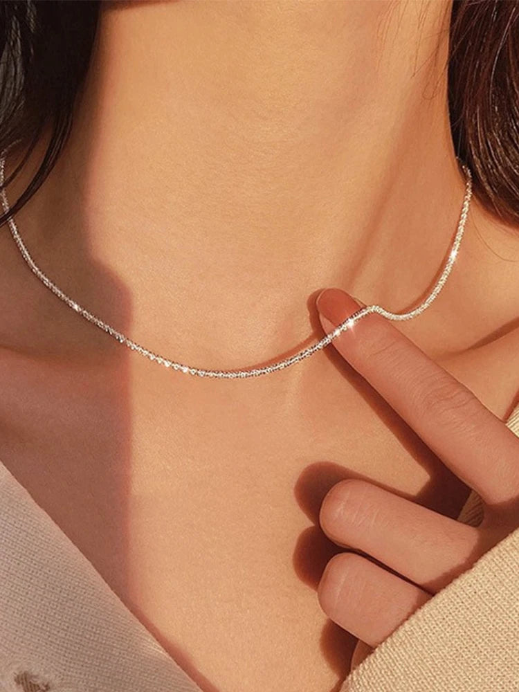 Trend Sparkling Silver Color Choker Necklace For Women Elegant Clavicle Chain Necklace Party Wedding Collar Jewelry Gifts Pi-Mart