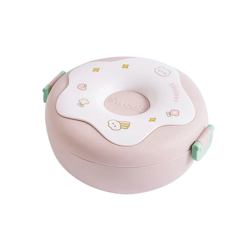 Lunch Box For Kid School Child Snack Box Donut Cartoon Leakproof Bento Box Lunch Bags With Fork Spoon 3 Compartment Microwavable LadyShow.Store
