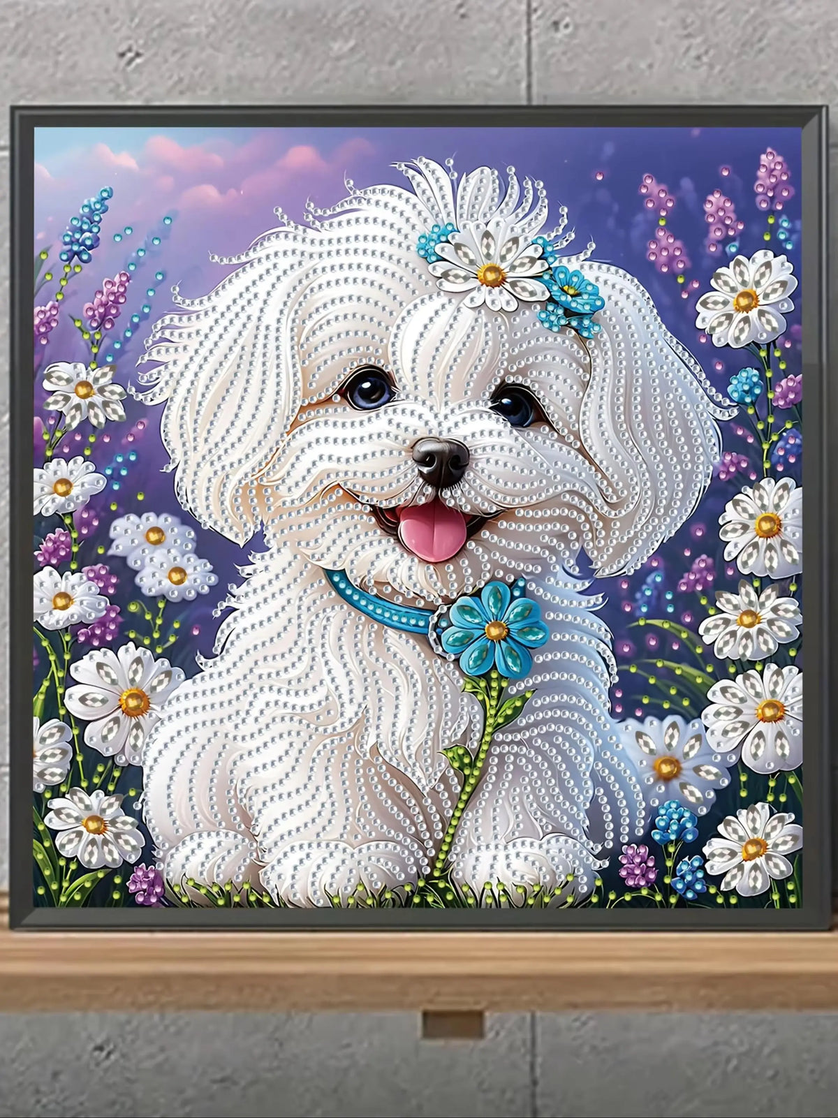 A set of "White Puppy Wearing Flowers" 5D Diamond Painting Kit, DIY handmade craft, partially adorned with irregular diamonds Pi-Mart
