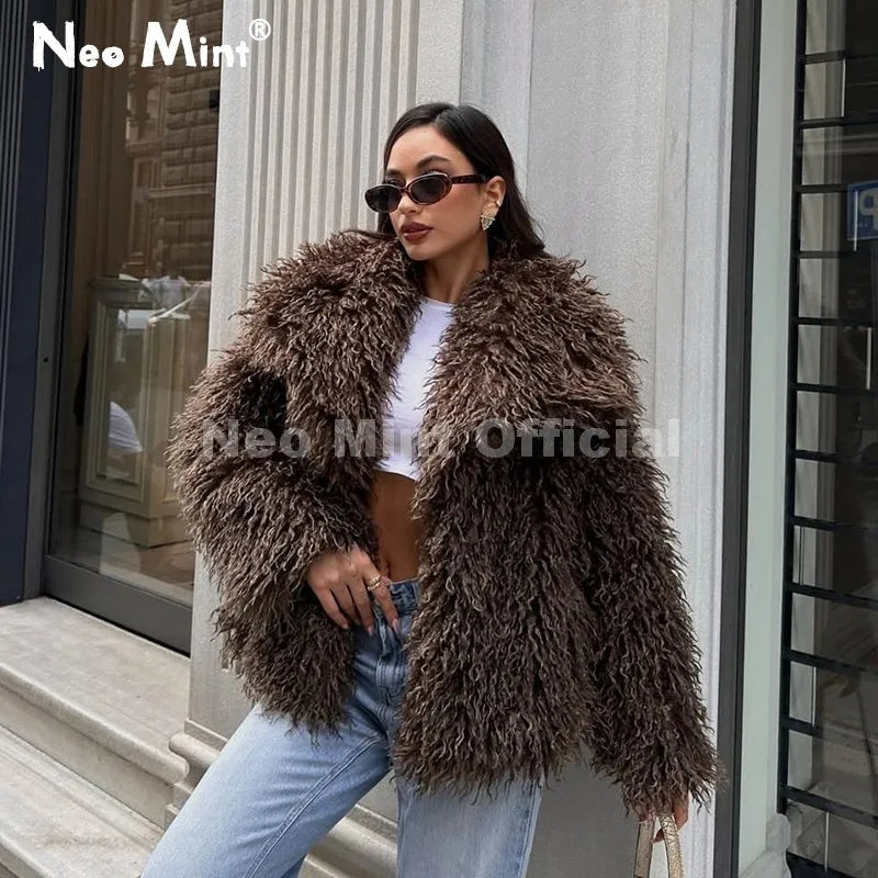 Neo Mint 2025 Winter Lulicore Fashion Brown Faux Fur Coat Women Chic Autumn Warm Fluffy Sheep Fur Jacket Big Fur Collar Overcoat LadyShow.Store
