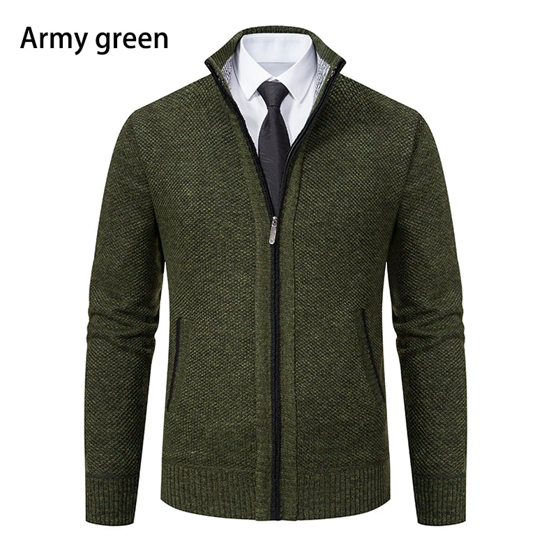 Autumn And Winter New Jersey Men's Casual Sports Coat Solid Color Stand Collar Wweater Grab Fleece Warm Zipper Cardigan Pi-Mart