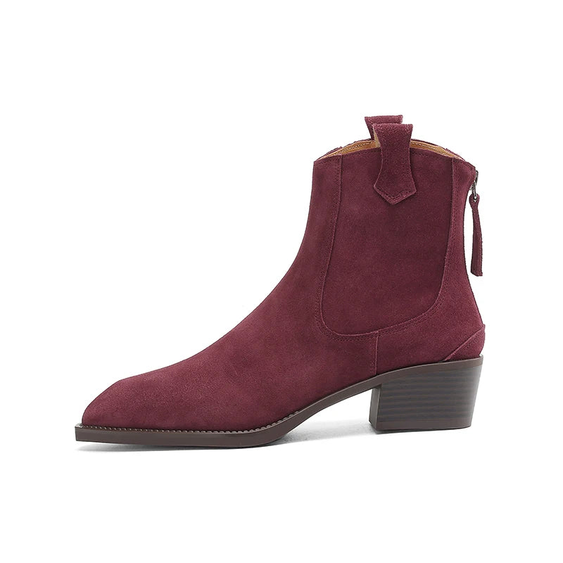 2025 Autumn Winter Trend Cow Suede Women Western Boots Black Brown Khaki Purple Green Burgundy Pointed Toe Ladies Ankle Boots Pi-Mart