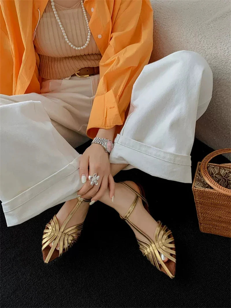 ZAROY Women Roman Sandals Summer Low Heel Ankle Strap Buckle Sandals Pointed Toe Hollowed Out T-strap Sandalias сандали LadyShow.Store