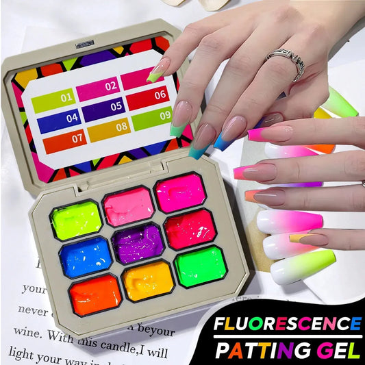 1pc Nine Grid Fluorescent Pat Gel Transfer Gel Rainbow Bright Colors High Saturation UV&LED Nail Polish Gel Salon DIY Y2K INS Tri Light Beauty
