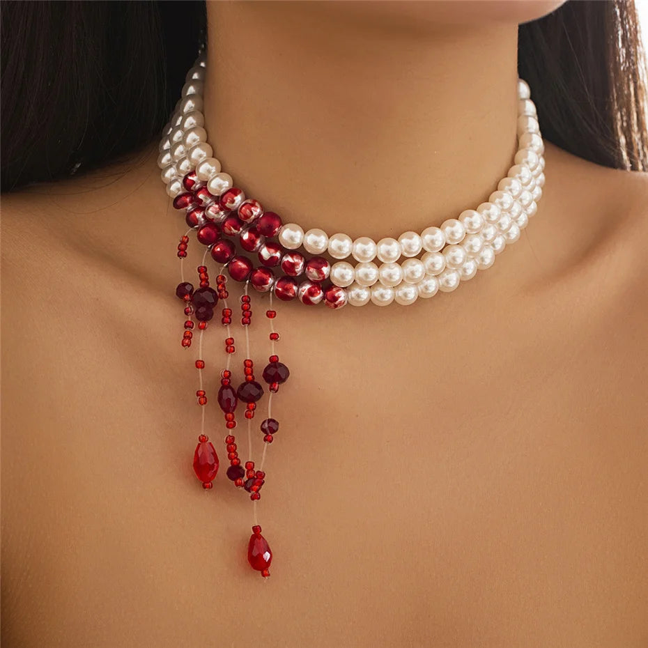 Multilayer Vintage Red Blood Pattern Imitation Pearl Tassel Pendant Necklace for Women Goth Crystal Bead Chain Halloween Jewelry Pi-Mart