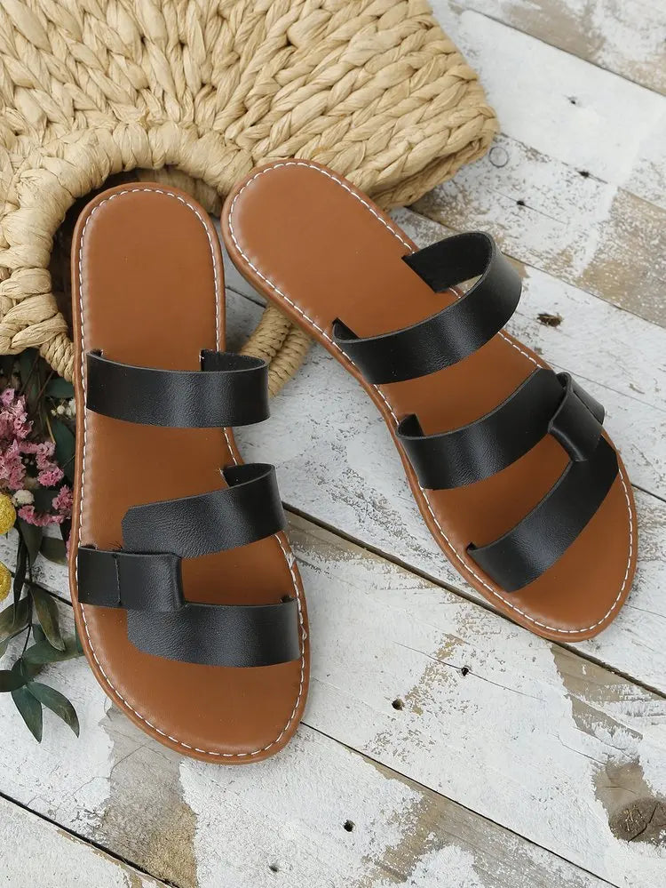 Women's Solid Color Slides, Lightweight Flat Slip On Walking Slides, Comfort Beach Slides Pi-Mart