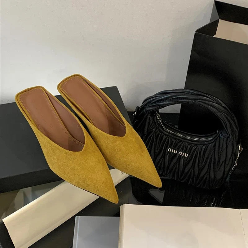 Summer Fashion Thin Mid Heels Women Slippers Elegant Pointed Toe Party Dress Mule Slides Shoes Zapatos Mujer LadyShow.Store
